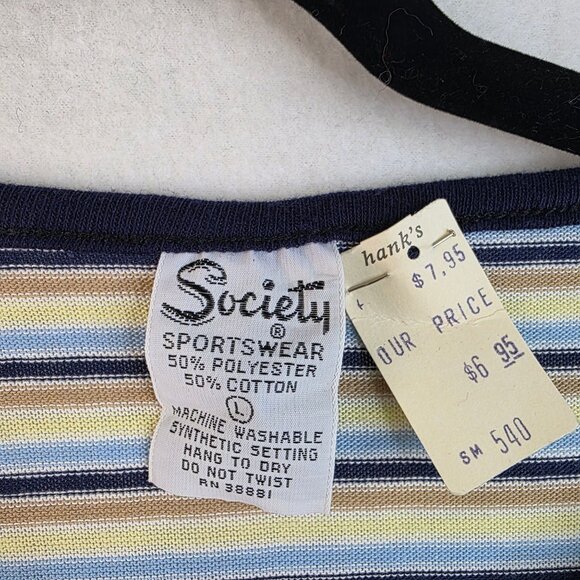 80s Retro Striped V-Neck Short Sleeve Shirt Large Twee Boho Hipster Deadstock - Picture 3 of 4